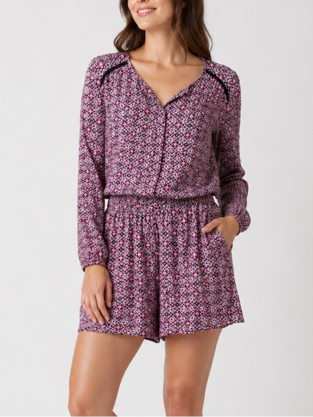 GAP Floral Print Romper XL Pink Black Long Sleeve Boho Tie Waist Shorts Jumpsuit